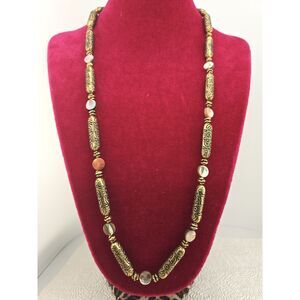 Vintage Repoussé Floral Tube Bead Necklace Brass 30" Mother of Pearl Shell Boho